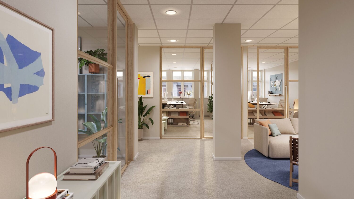 Visionsskiss över kontorslokaler på Drottninggatan 35 med flera egna rum och gemensam loundeyta.